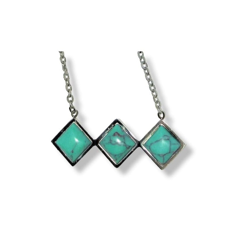 Collier en acier inoxydable avec trois petits losanges bleu turquoise
