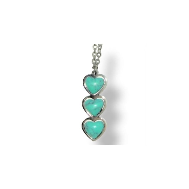Collier, acier inoxydable, trois petits cœurs, bleu turquoise,