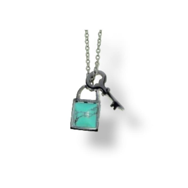Collier avec un cadenas bleu turquoise en acier inoxydable