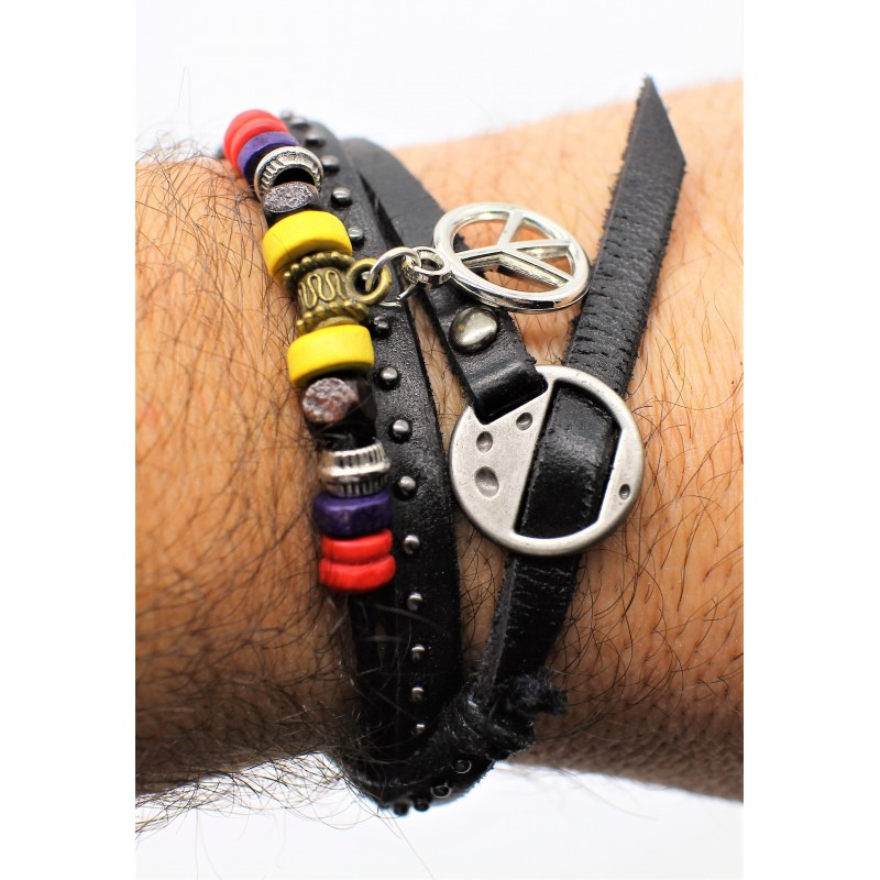 Bracelet cuir wrap avec accessoires