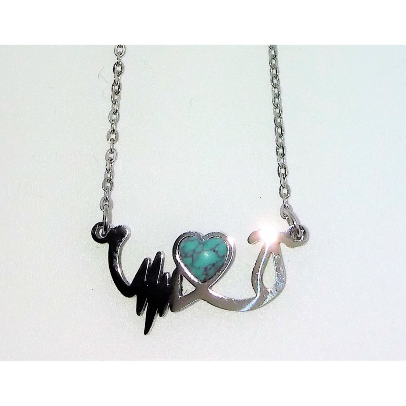 Collier en acier inoxydable avec un cœur bleu turquoise