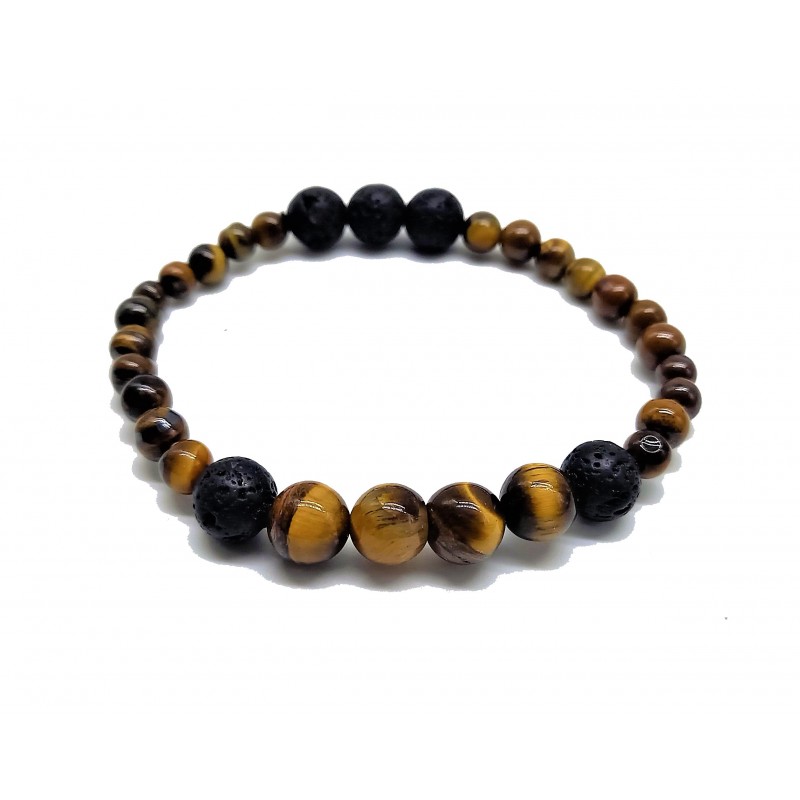 Bracelet œil-de-tigre et pierre de lave Ø6 et Ø8 mm