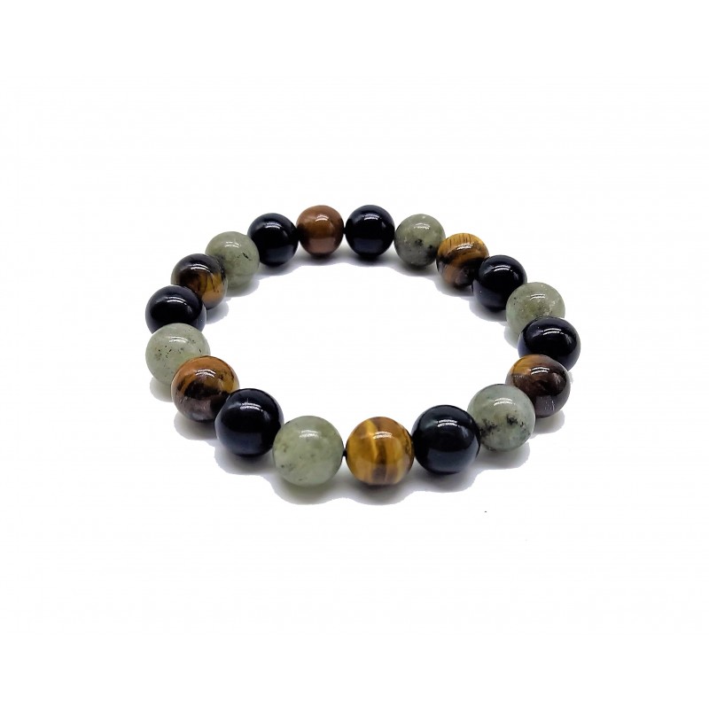 Bracelet triple protection Ø10 mm labradorite, obsidienne, œil de tigre