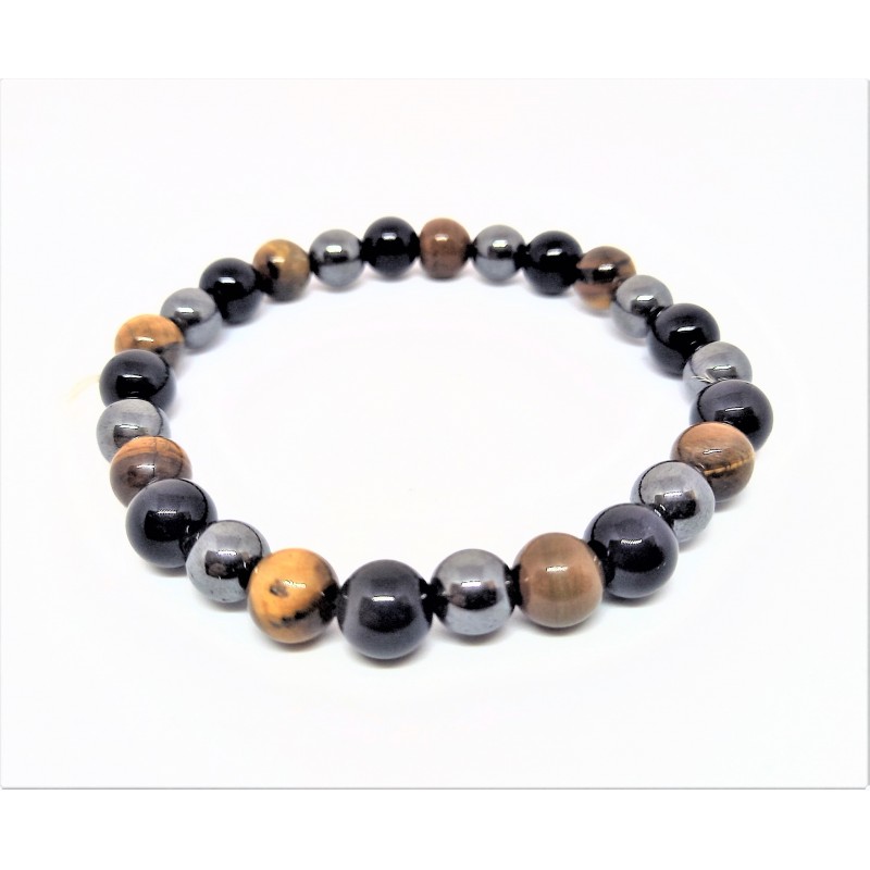 Bracelet triple protection XL  Ø8 hématite ,œil de tigre, obsidienne Ø 8mm